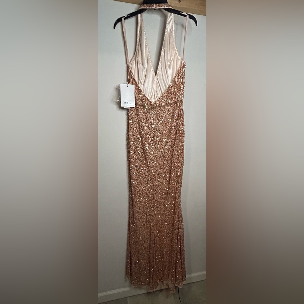 Mac Duggal Rose Gold Sequin Halter Evening Gown - Picture 5 of 9